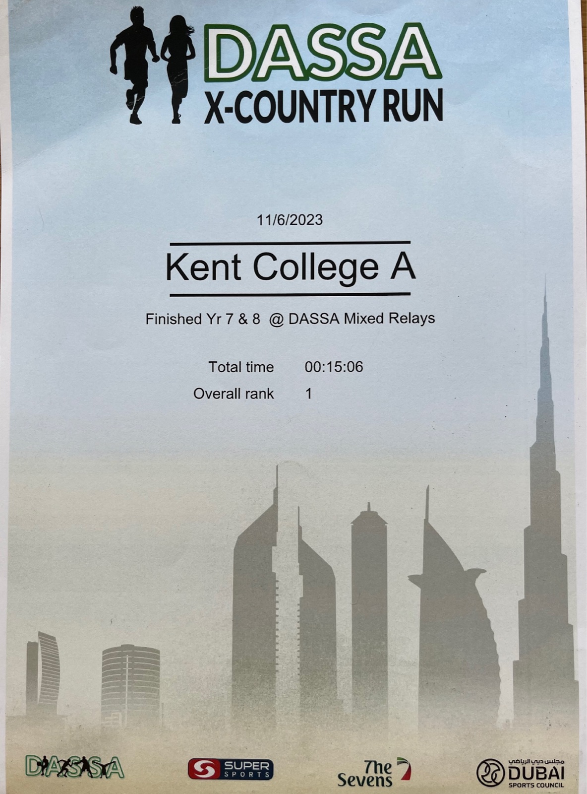 DASSA X-Country Run certificate: Kent College A, total time 15:06, overall rank 1