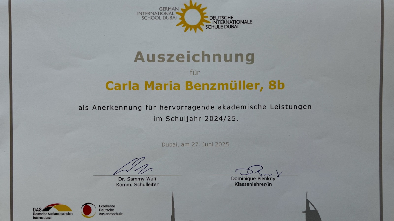 Certificate for outstanding academic performance, German International School Dubai, June 2025
