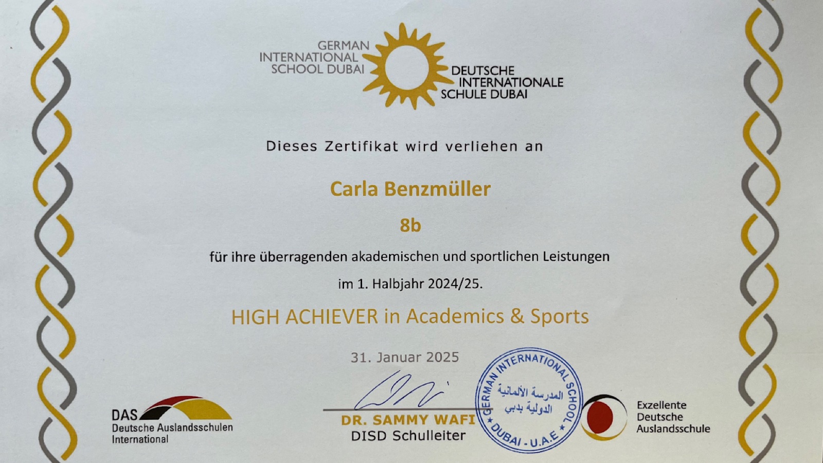 Certificate: High Achiever in Academics and Sports, German International School Dubai, January 2025