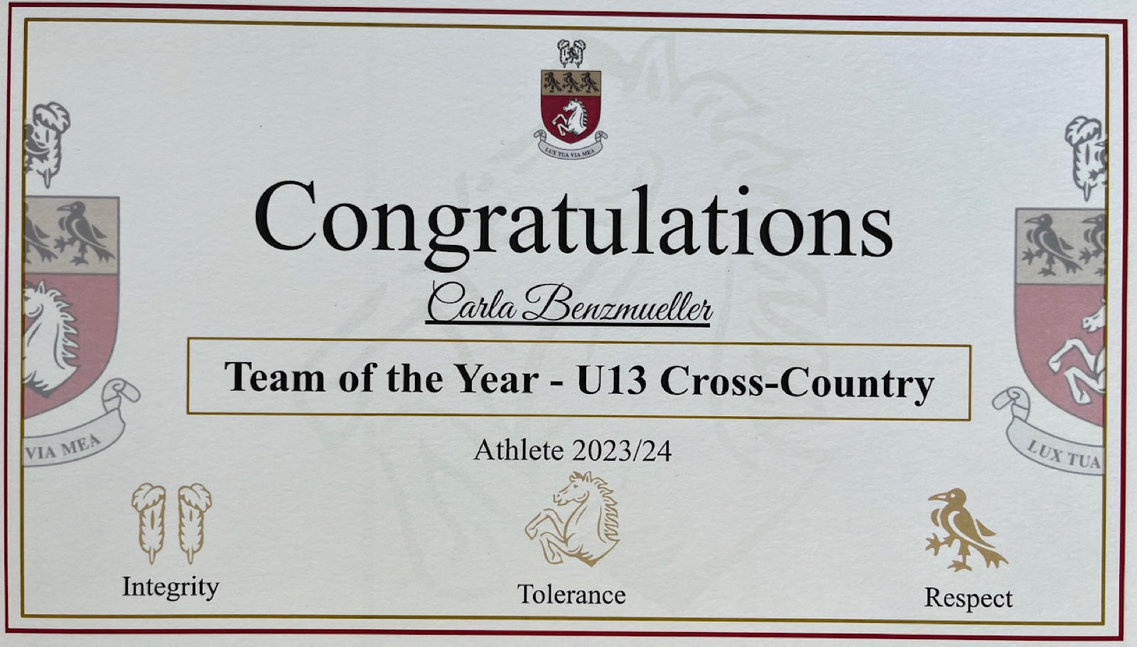 Kent College certificate: Team of the Year, U13 cross-country 2023/24