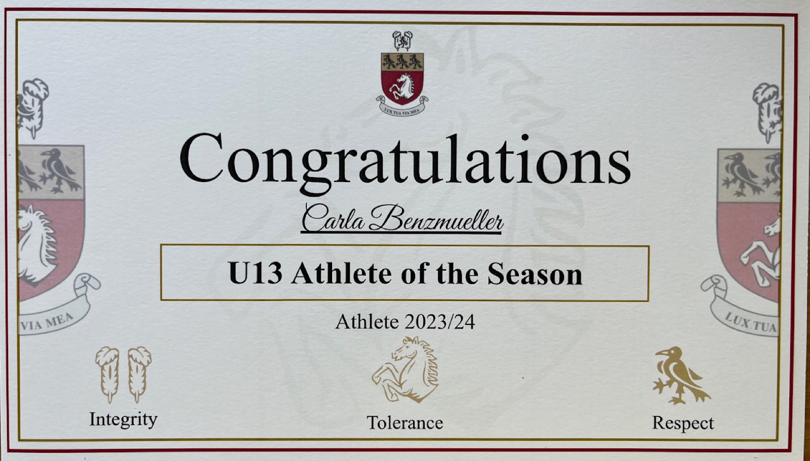 Kent College certificate: U13 Athlete of the Season 2023/24