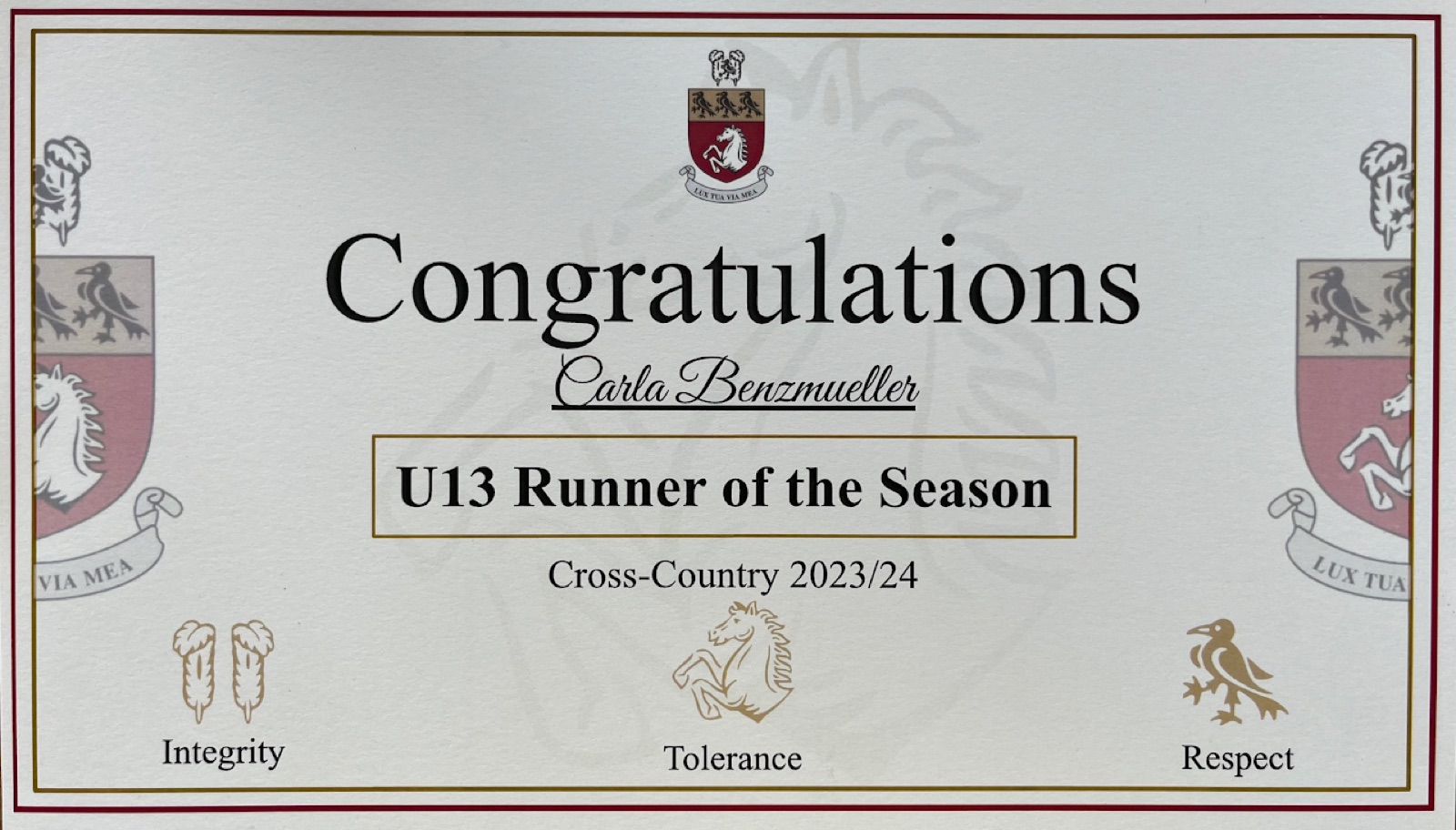 Kent College certificate: U13 Runner of the Season, cross-country 2023/24