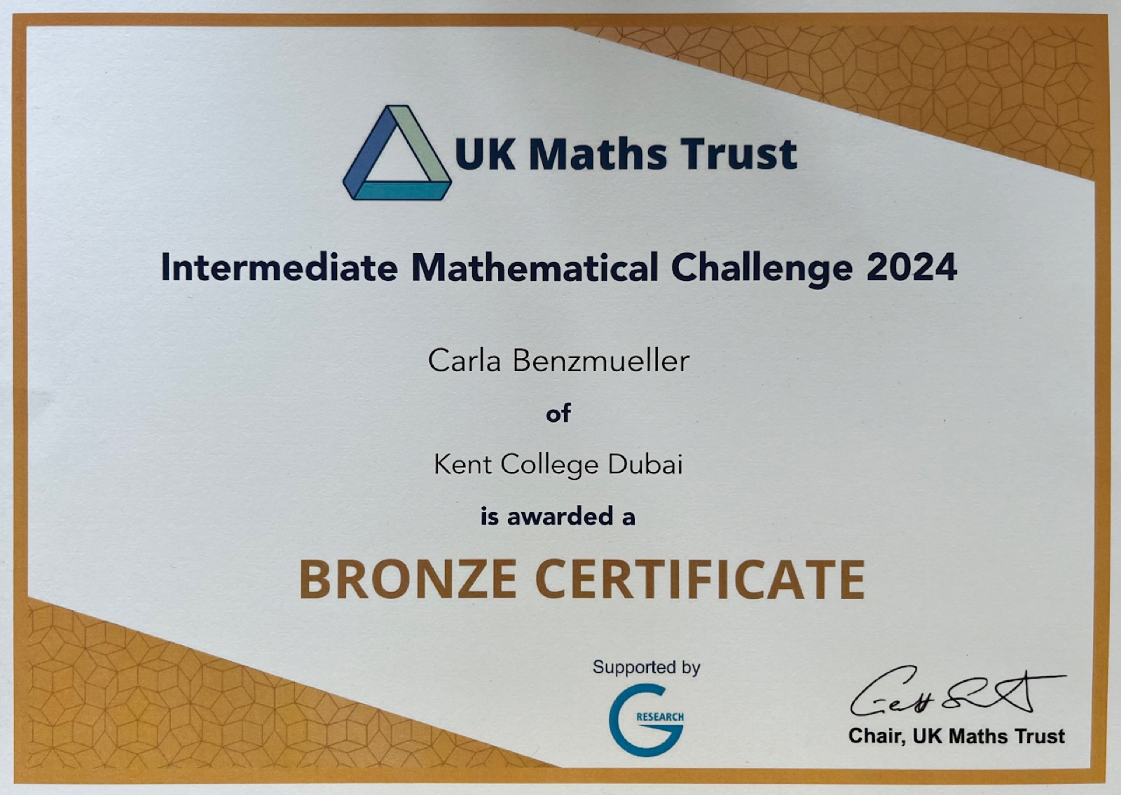 UK Maths Trust Intermediate Mathematical Challenge 2024 bronze certificate