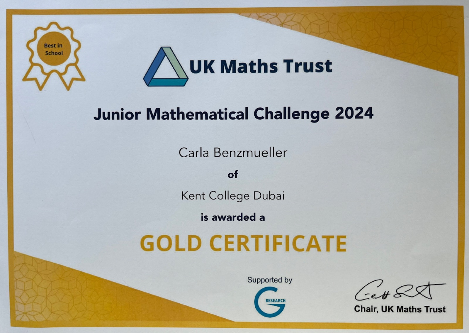 UK Maths Trust Junior Mathematical Challenge 2024 gold certificate, best in school