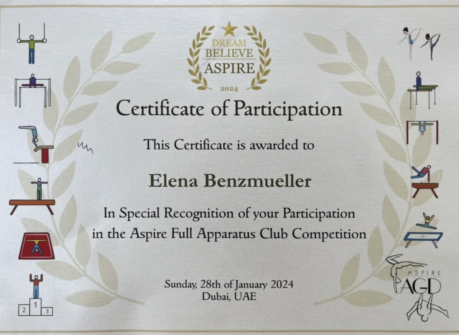 Certificate of participation, Aspire Full Apparatus Club Competition, January 2024