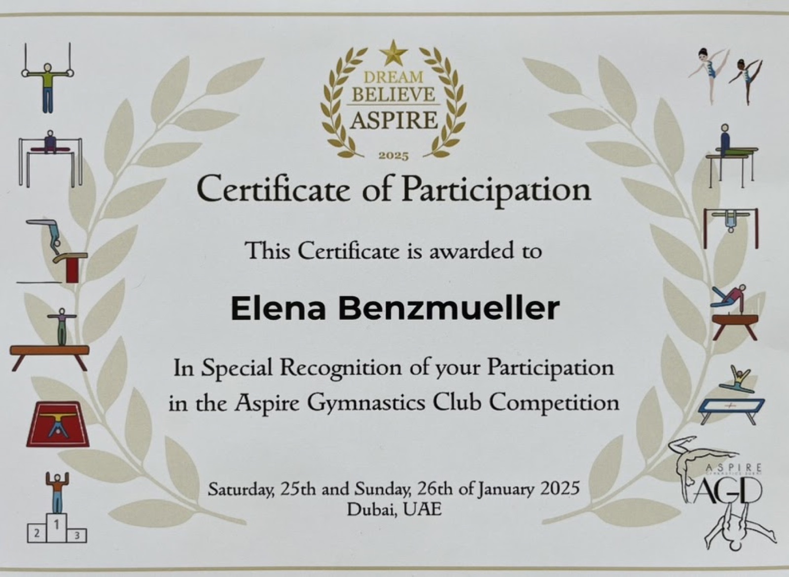 Certificate of participation, Aspire Gymnastics Club Competition, January 2025