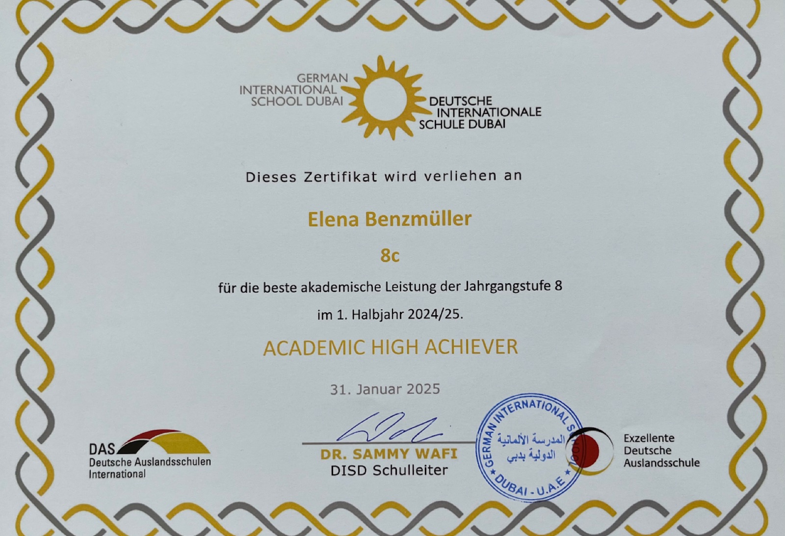Certificate: Academic High Achiever, German International School Dubai, January 2025