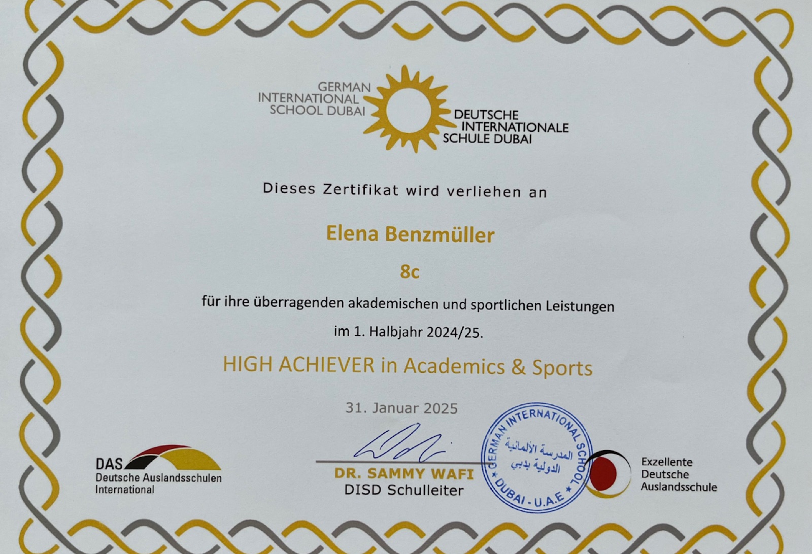 Certificate: High Achiever in Academics and Sports, German International School Dubai, January 2025
