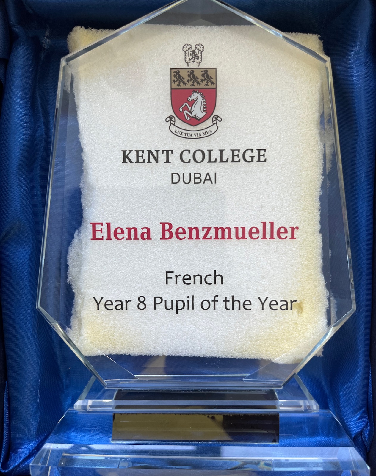 Glass trophy: Kent College Dubai, Elena Benzmueller, French, Year 8 Pupil of the Year