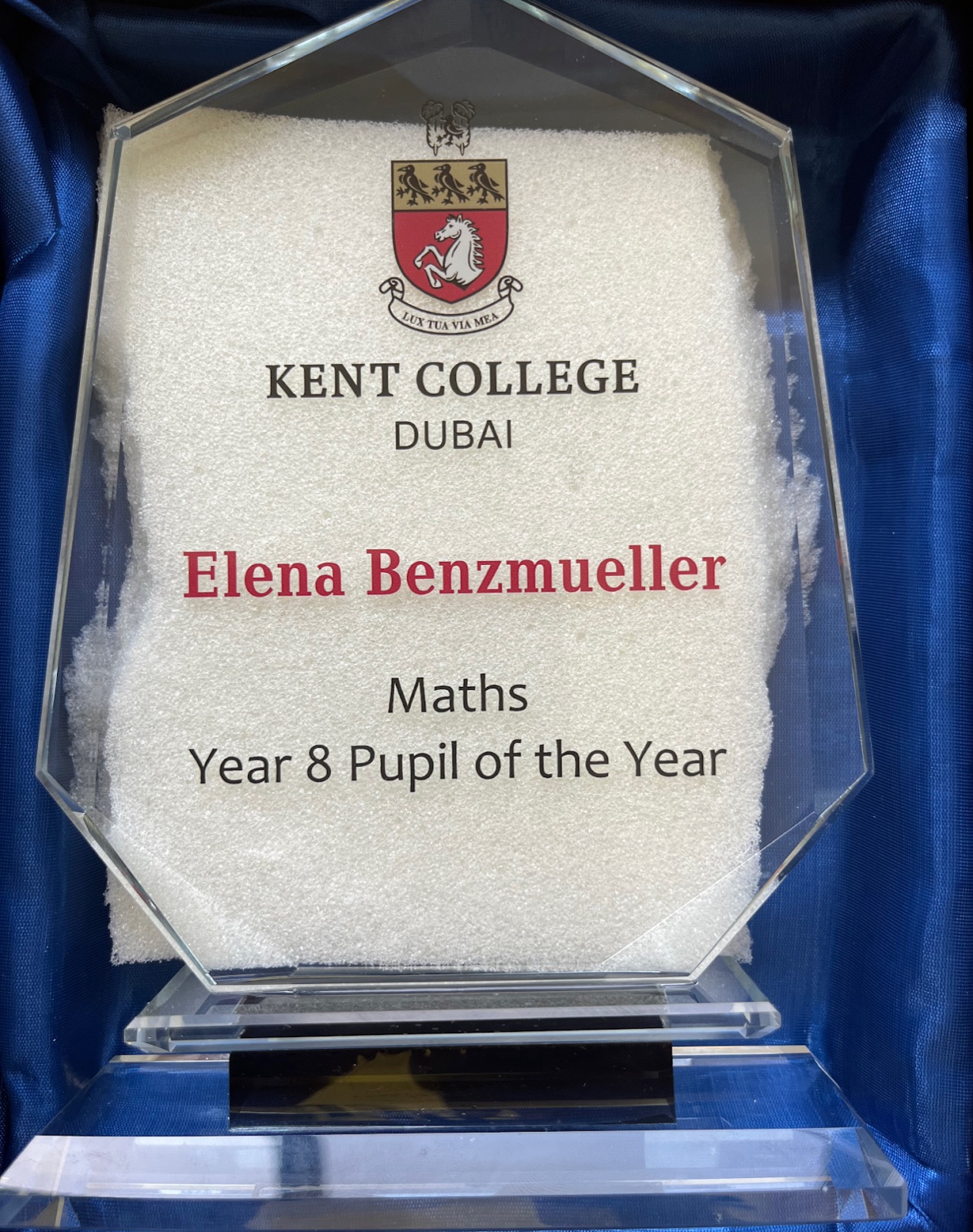 Glass trophy: Kent College Dubai, Elena Benzmueller, Maths, Year 8 Pupil of the Year