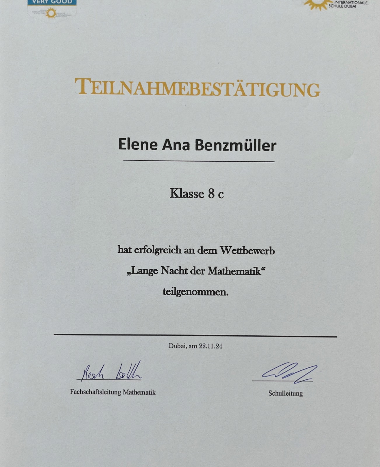 Certificate of participation, Lange Nacht der Mathematik, November 2024