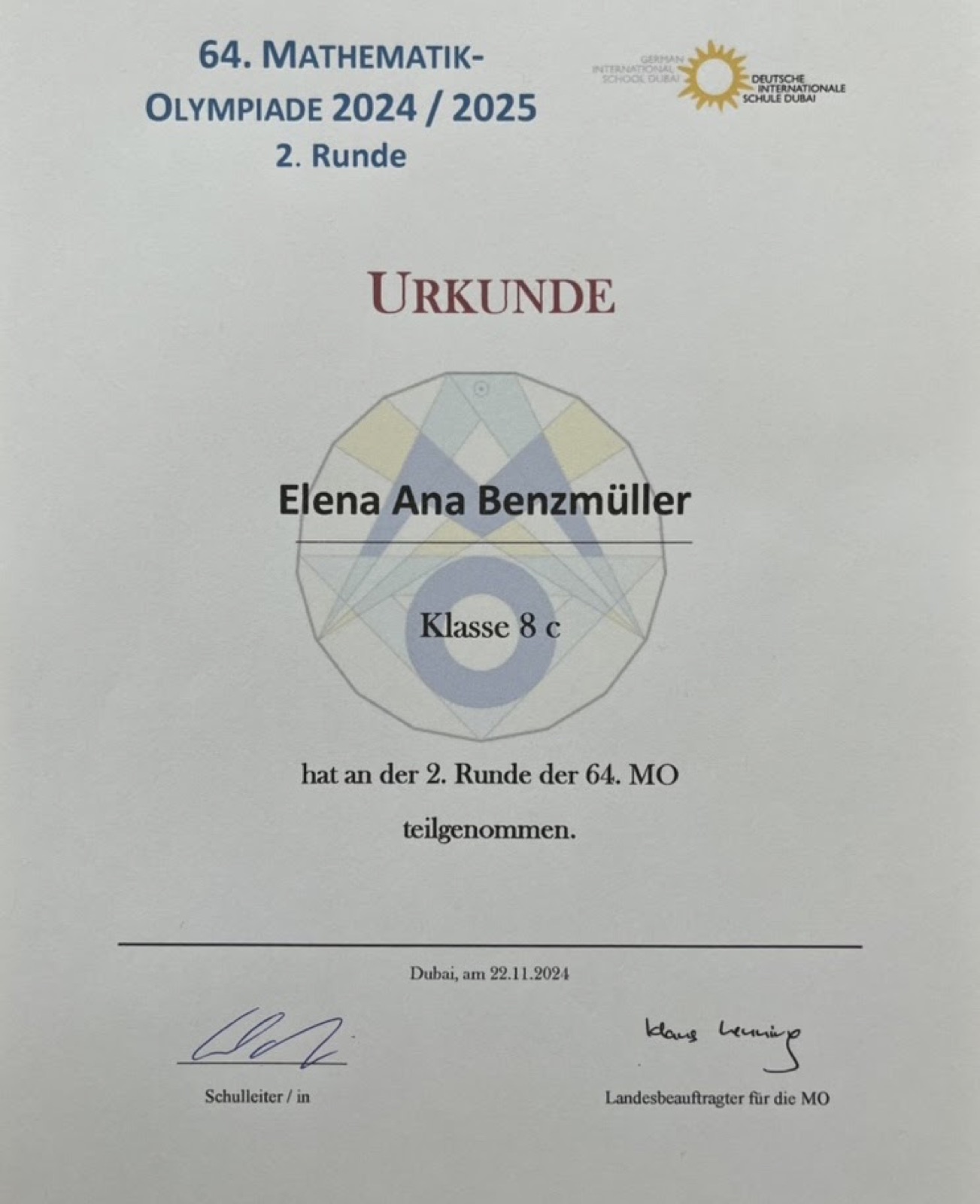 Certificate: participation in the second round of the 64th Mathematik-Olympiade 2024/25