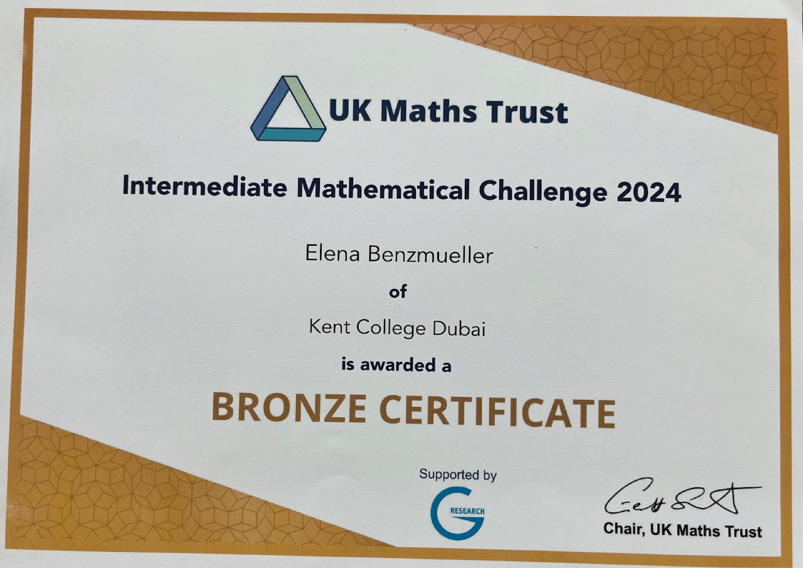 UK Maths Trust Intermediate Mathematical Challenge 2024 bronze certificate
