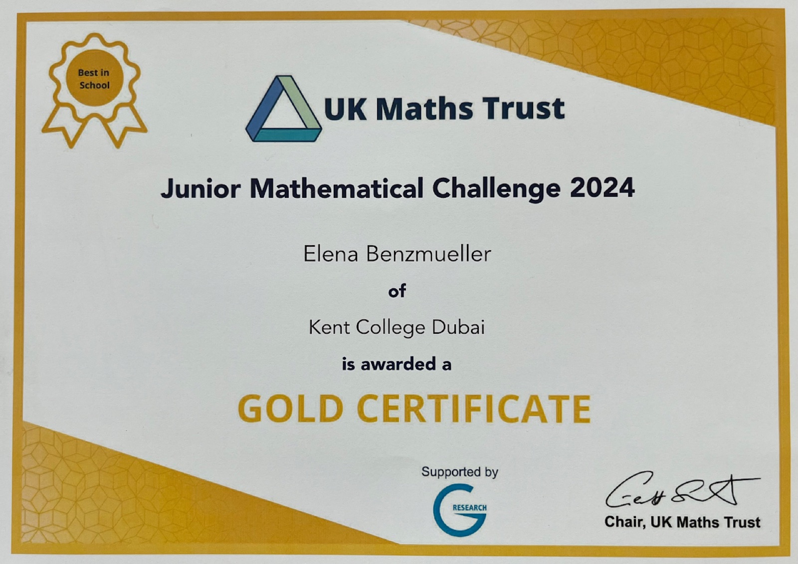 UK Maths Trust Junior Mathematical Challenge 2024 gold certificate, best in school