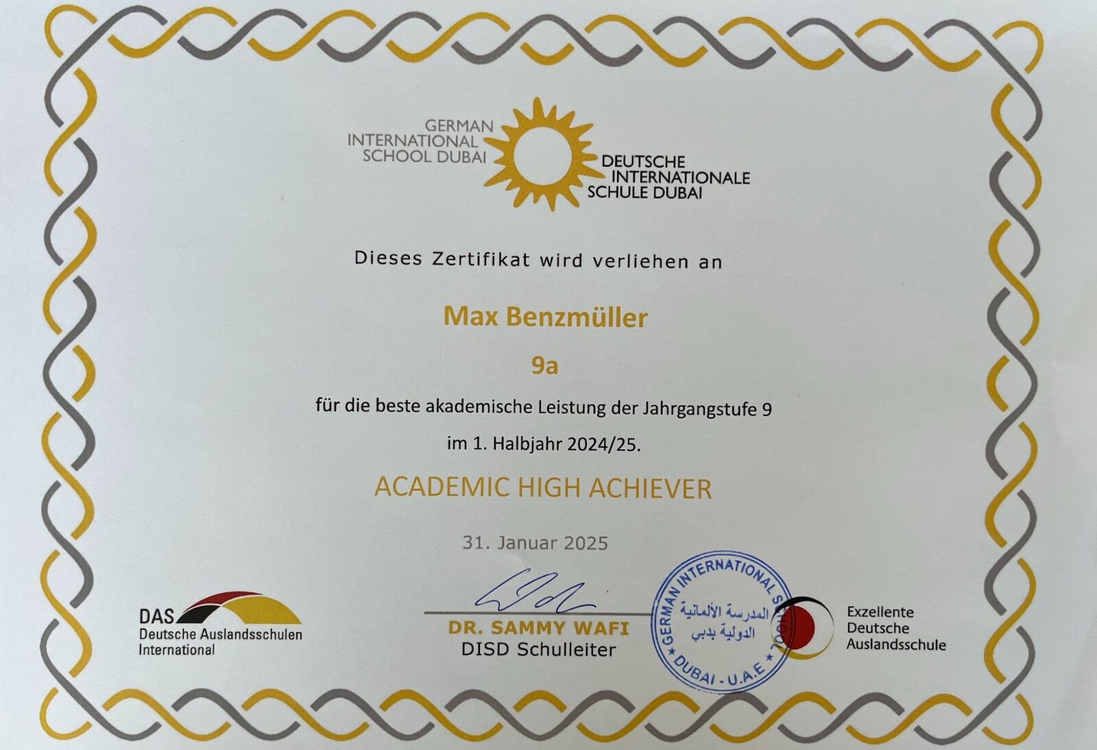 Certificate: Academic High Achiever, German International School Dubai, January 2025