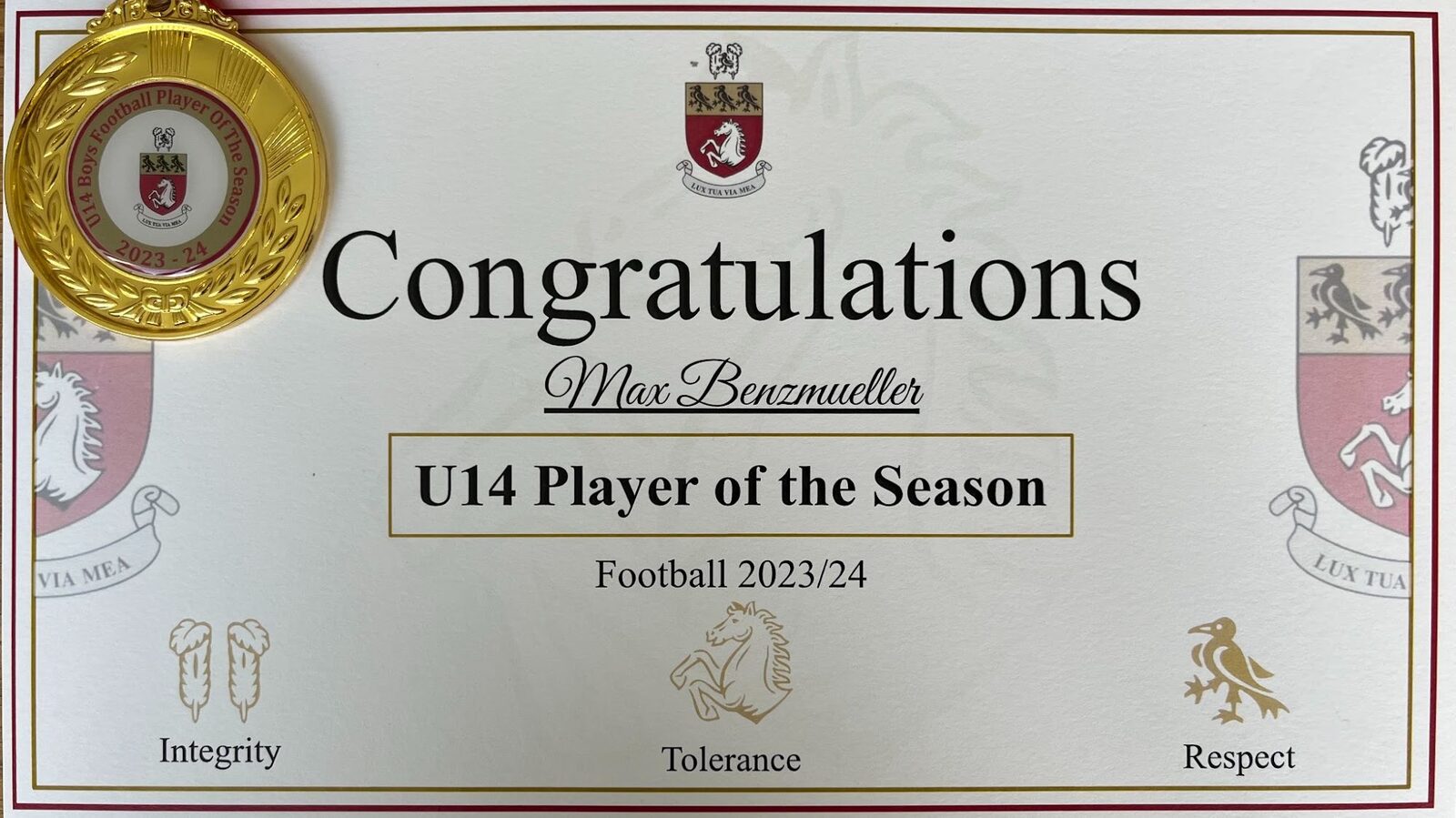 Certificate and medal: U14 Player of the Season, football 2023/24