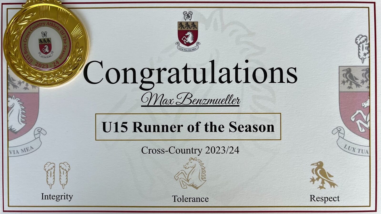 Certificate and medal: U15 Runner of the Season, cross-country 2023/24