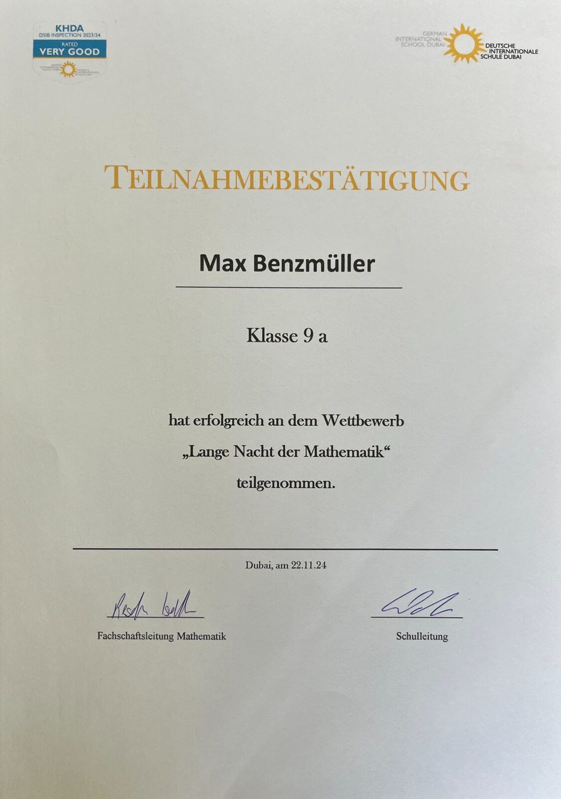 Certificate of participation in the Lange Nacht der Mathematik competition